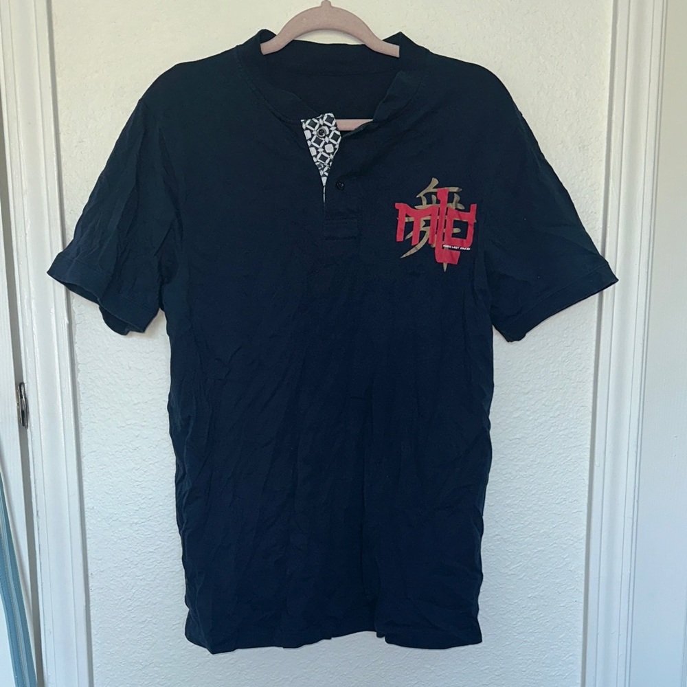 Navy Casual Button Down Shirt with Red Embroidery Maos Last Dancer